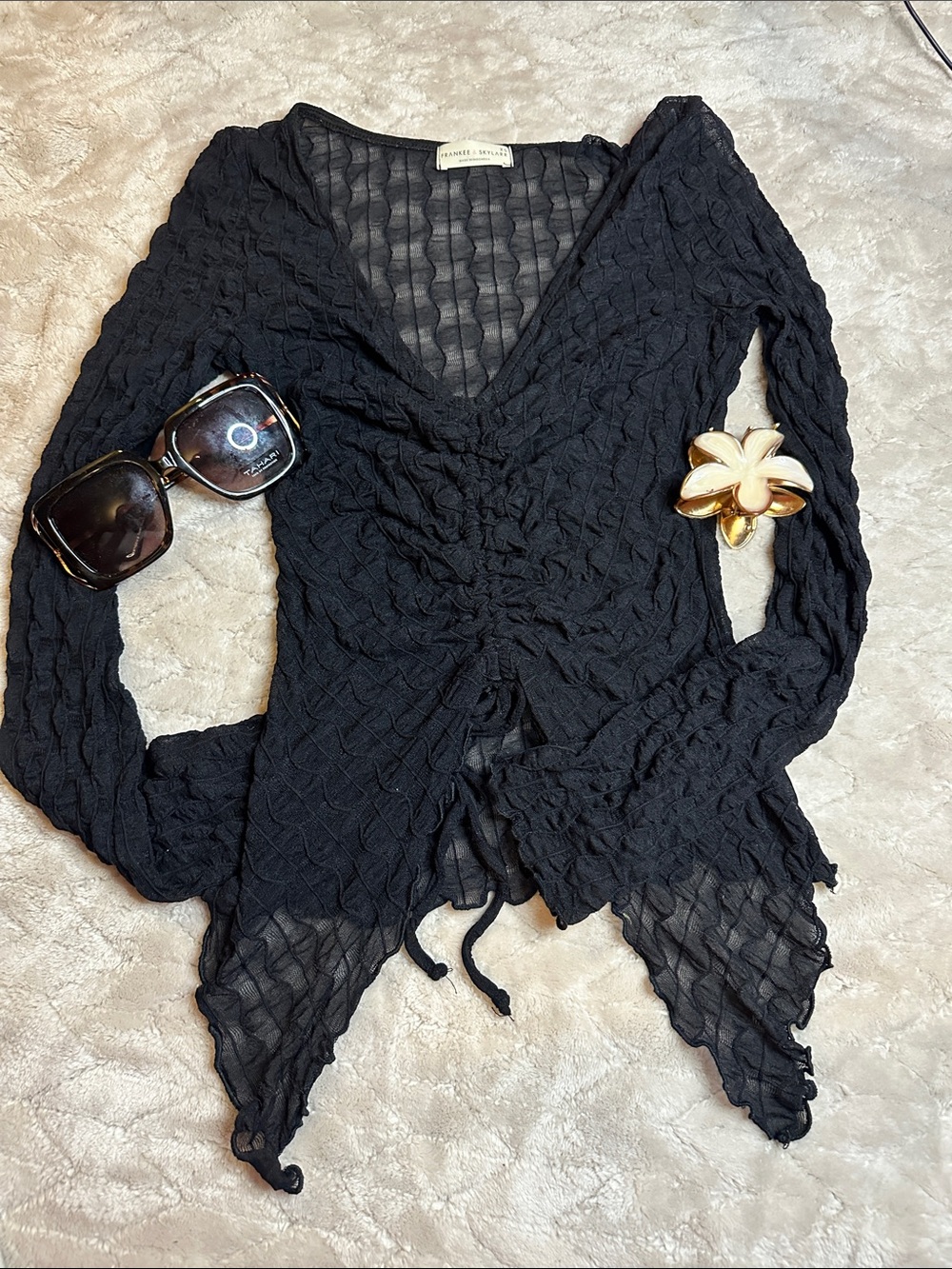 Kenneth Jay Lane Black Sheer Ruched V-Neck Tie Front Top